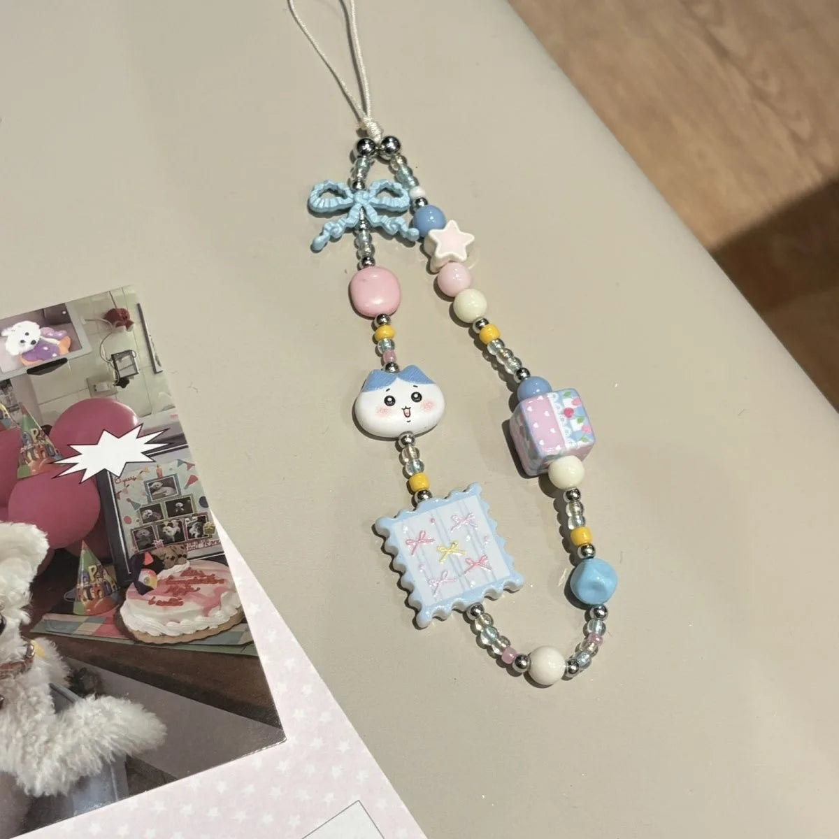 Hachiware Blue Cat Beaded Phone Charm