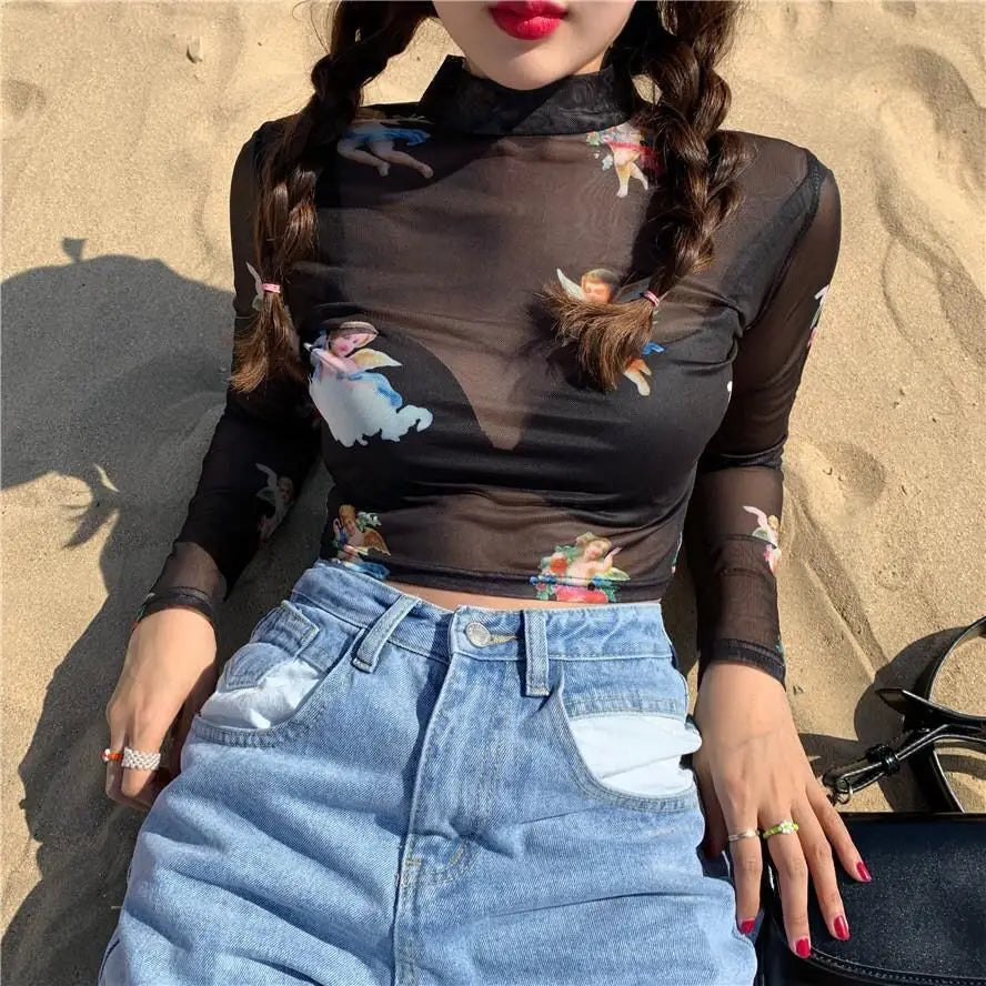 Sexy T-Shirt for Women See Through Transparent Mesh Tops Long Sleeve Sheer Slim Female clothing Fashion woman blouse 2023