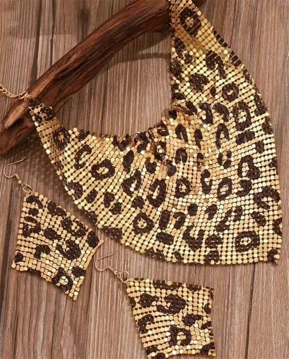 Leopard Print Bib Necklace & Dangle Earring Set