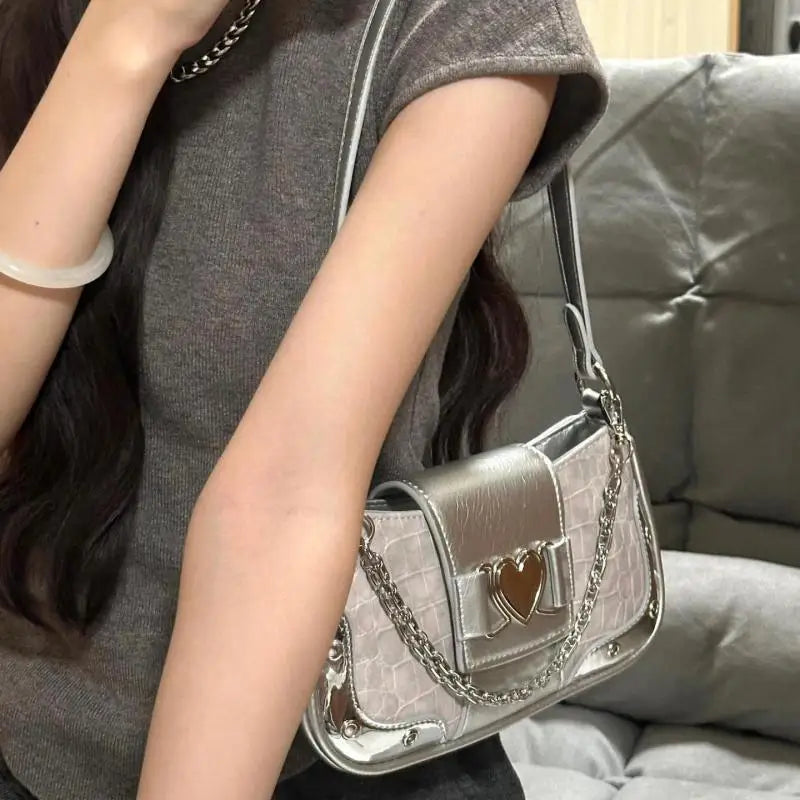 Y2K Heart Chain Pink Shoulder Bag