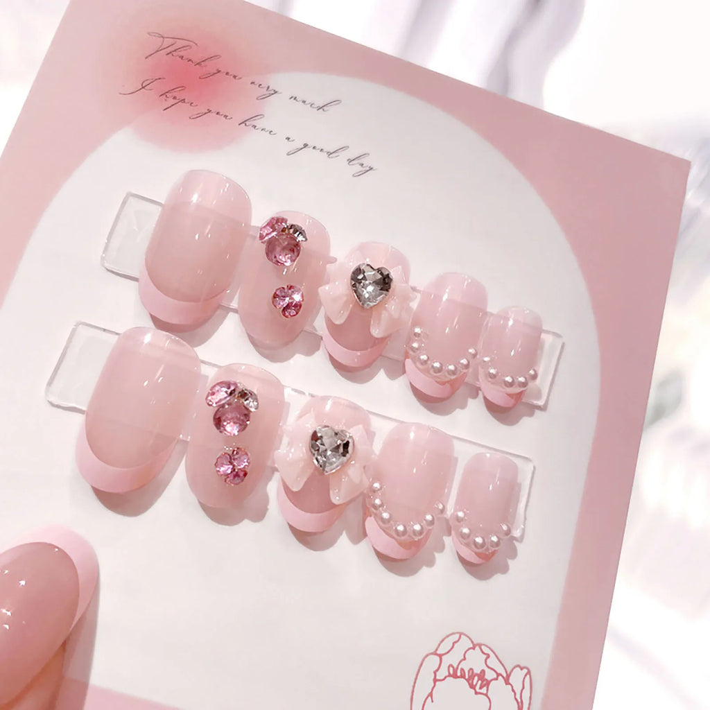 Light Pink Short Round Press-on Nail Eco-friendly Reusable Long Lasting Fake Nail for Daily Office Routine Duties