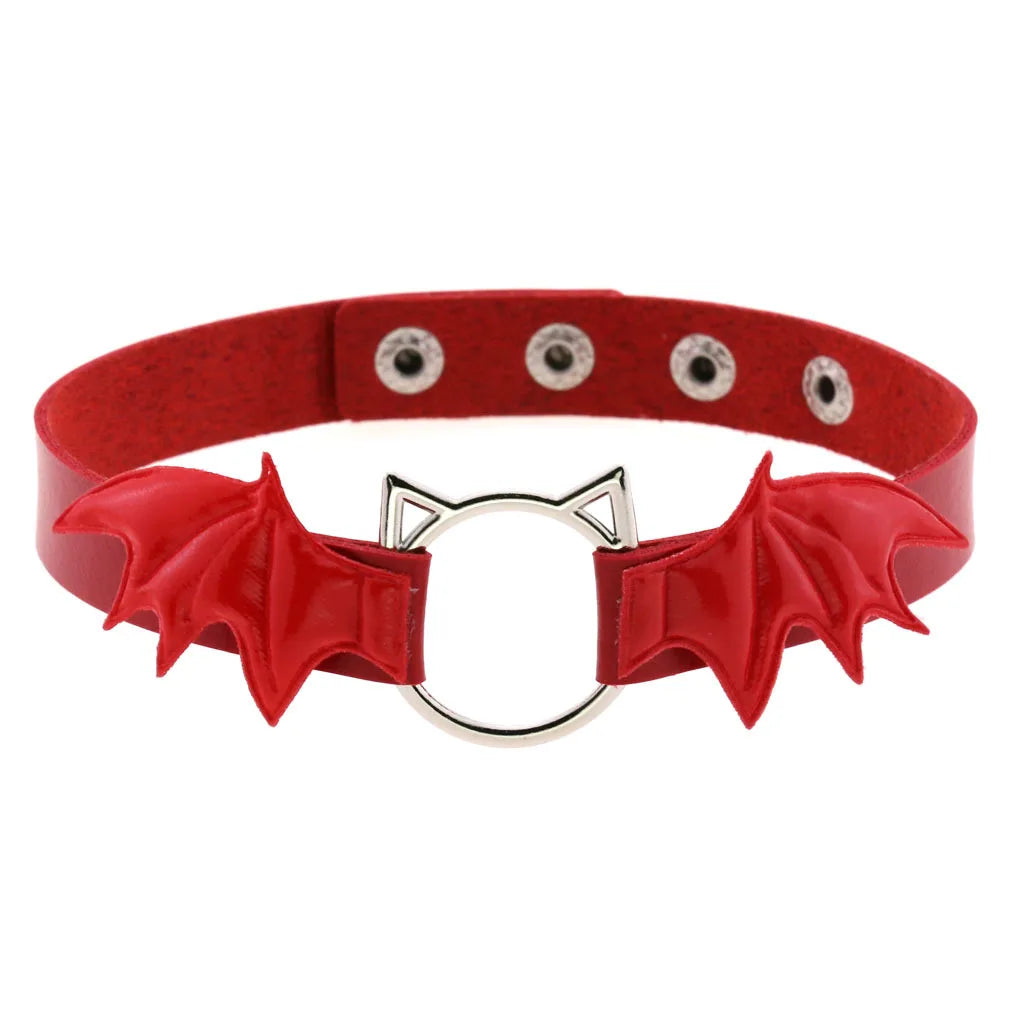 Red Leather Spiked Choker Punk Collar Women Men Bat Heart Chocker Chunky Necklace Goth Jewelry Metal Gothic Emo Accessories