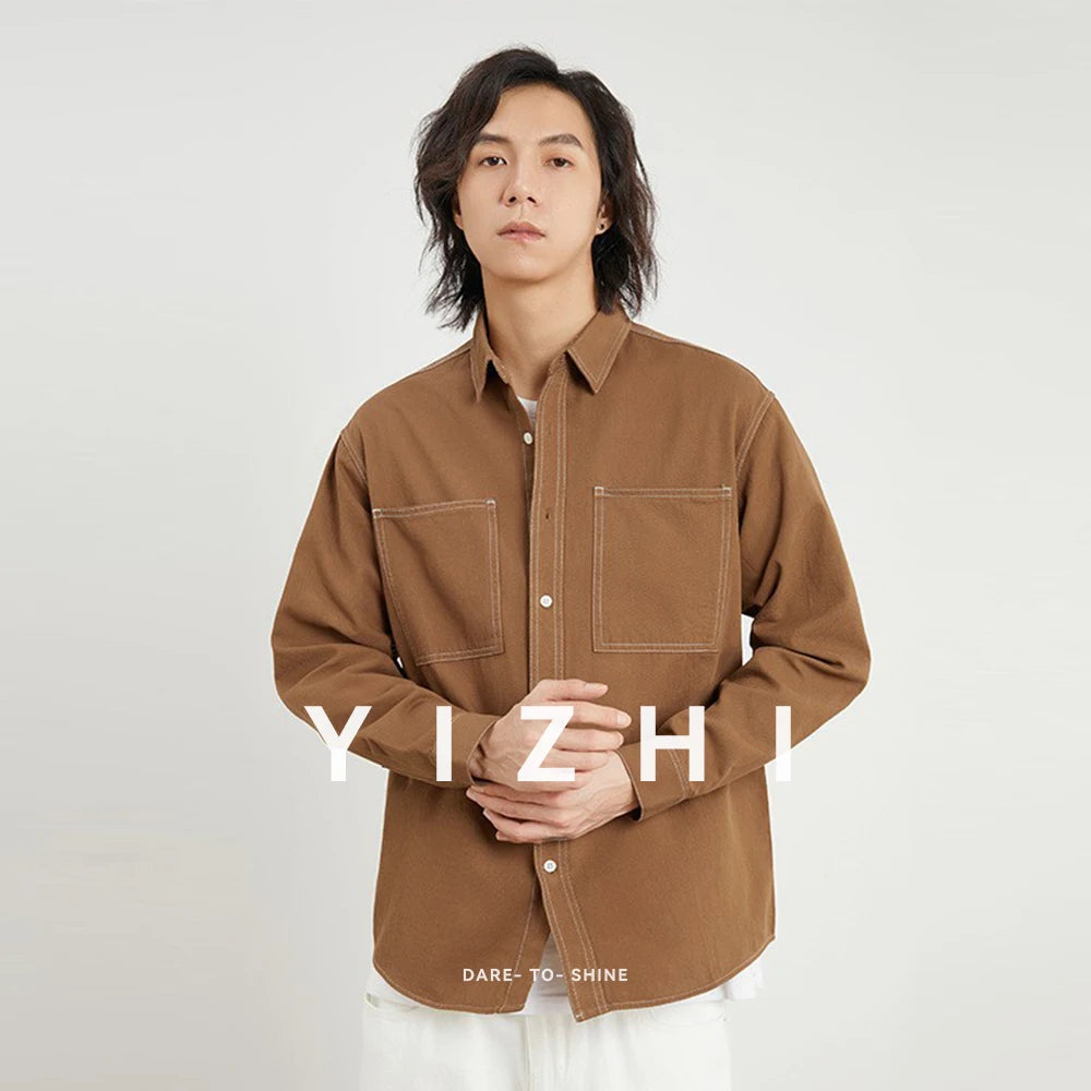 100% Cotton Men's Shirt Jacket 2025 Spring Autumn New Style Japanese Lapel Solid Color Shirt Loose Slightly Elastic Youth Jacket