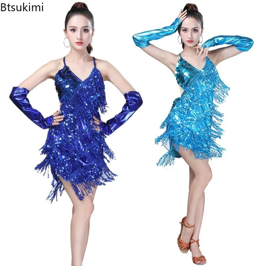 Women's Sequin Tassel Latin Dancing Dress Sexy Latin Dress Stage Performance Costumes V-Neck Backless Lace-up Mini Party Dress
