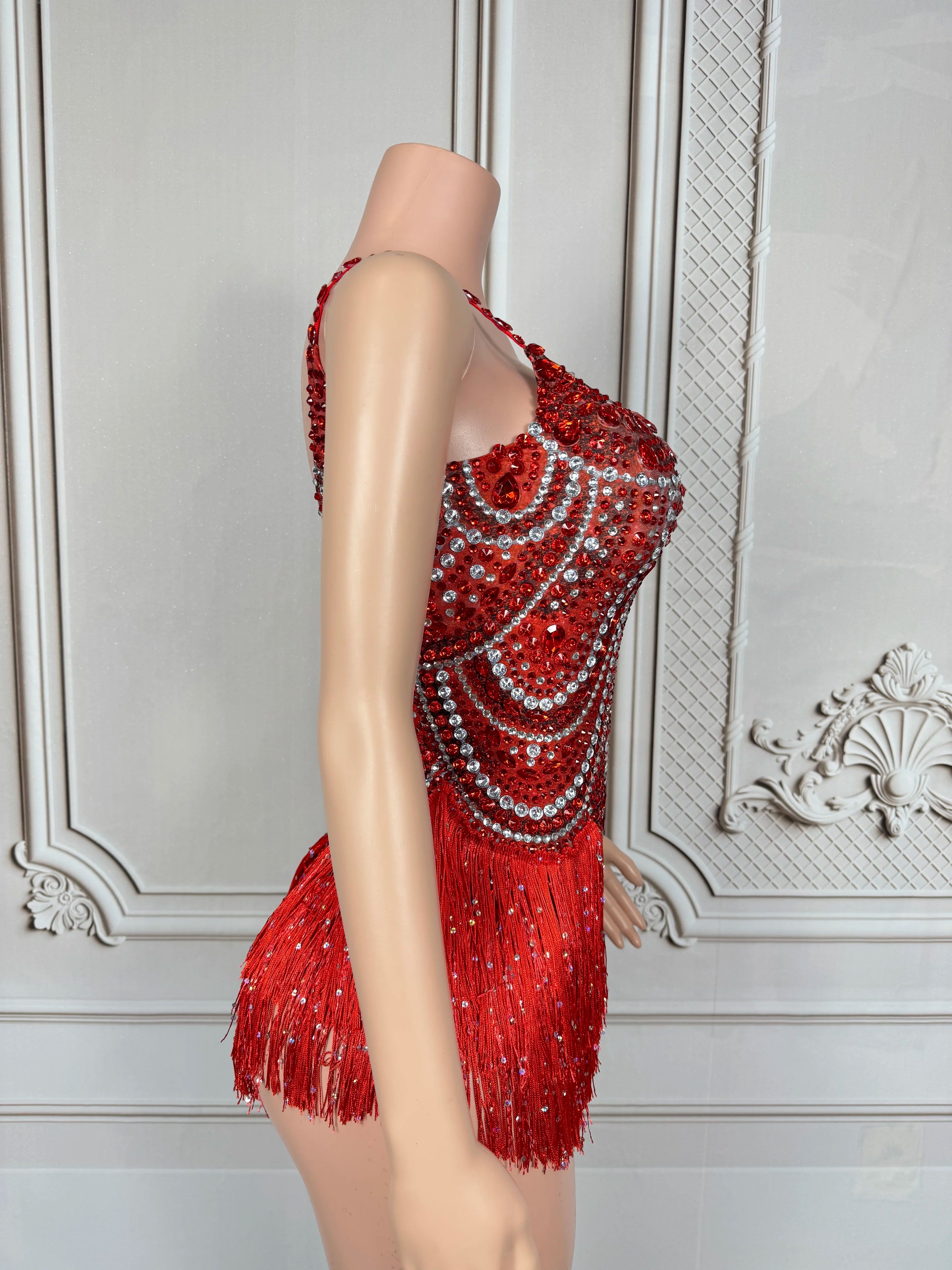 Sexy Sparkly Red Rhinestones Tassels Bodysuit Women Show Performance Dance Costume Nightclub Outfit Singer Dancer Stage Wear