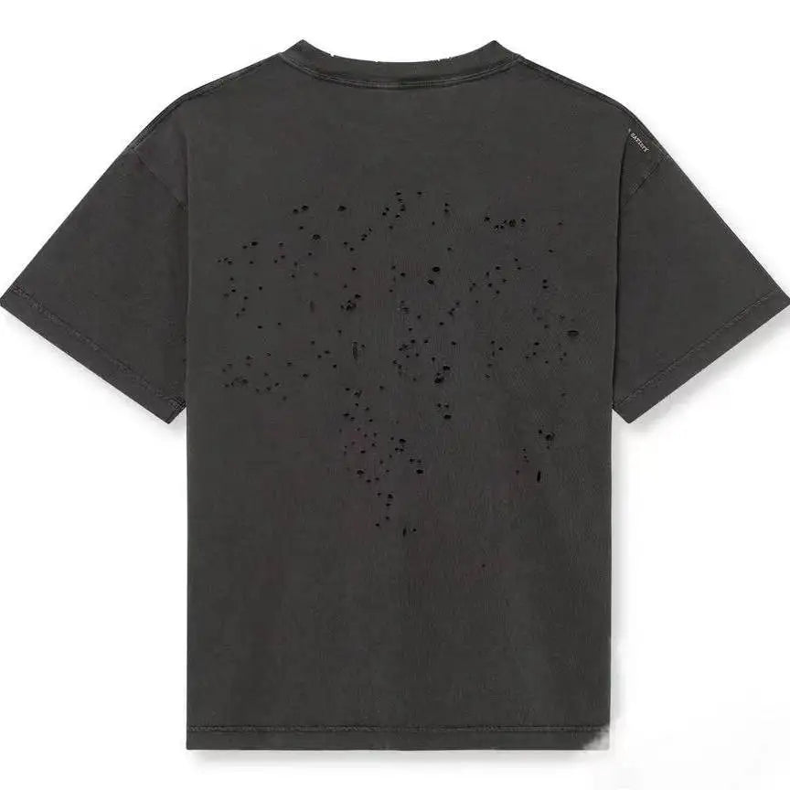Fashionable round Neck Short Sleeve T-Shirt with Splashed Ink Print And Hole Design from SATISFY Retro Streetwear Brand