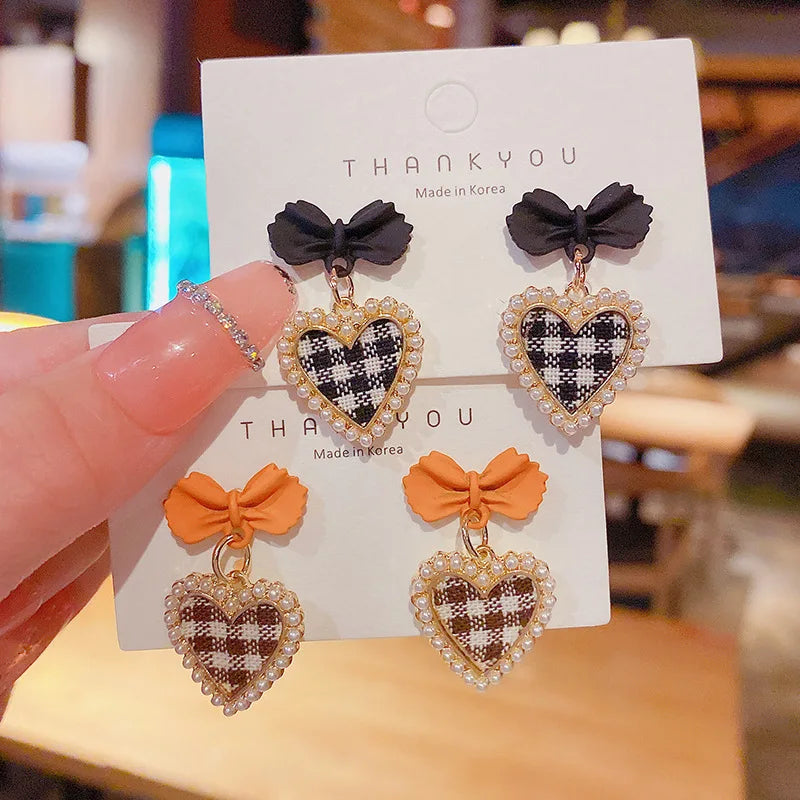 Pink Bow & Plaid Heart Drop Earrings