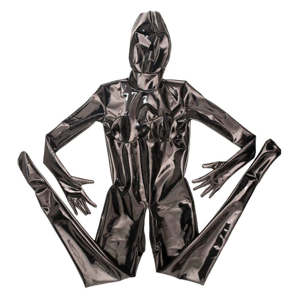 Sexy Cosplay Maid Full Bodysuit Latex Elasitc Sexy Tight PU Faux Leather Oil Shiny Catsuit Bodycon Glove Sleeve Jumpsuit