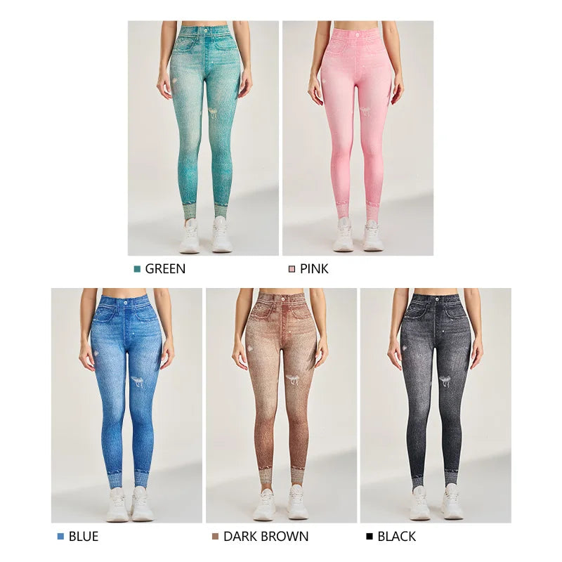 Yoga leggings Tight hip lift soft thick seamless knit fake denim stretch fitness pants Casual pencil pants imitation jeans