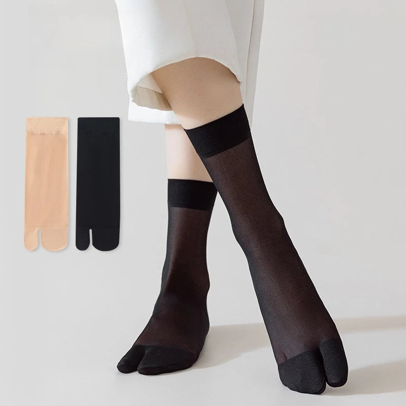 Women's Summer Ultra Thin Toe Socks Sexy Breathable Toe-separated Mid Tube Socks Solid Color Casual Transparent Tabi Silk Socks