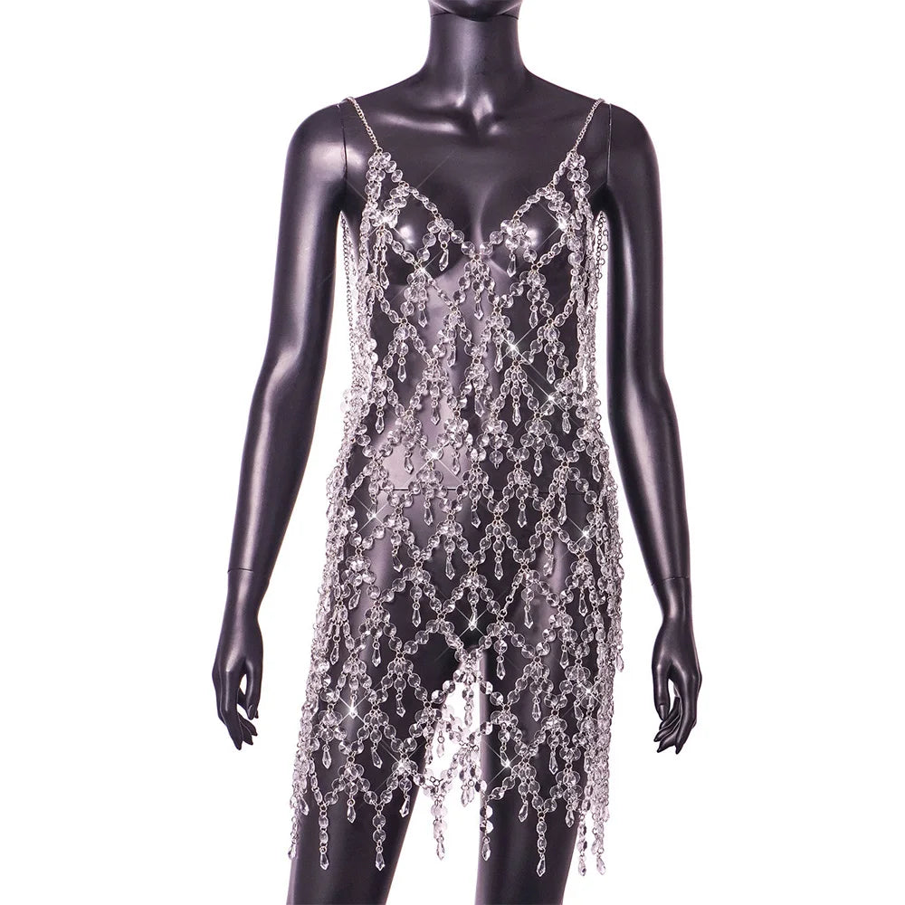 Sexy See Through Rhinestone Dress for Women 2023 Shiny Backless Mini Rave Festival Clothing Party Nightclub Y2k Dress Outfits