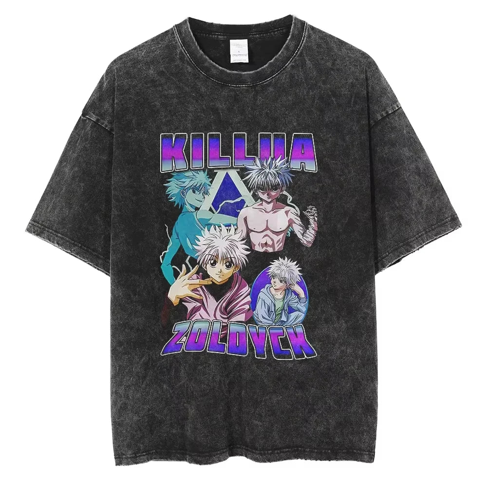 HUNTER×HUNTER T Shirt Kurapika Manga Tshirt Men Women Hip Hop Washed Cotton T-shirt Clothing Summer Short Sleeve Tees Streetwear