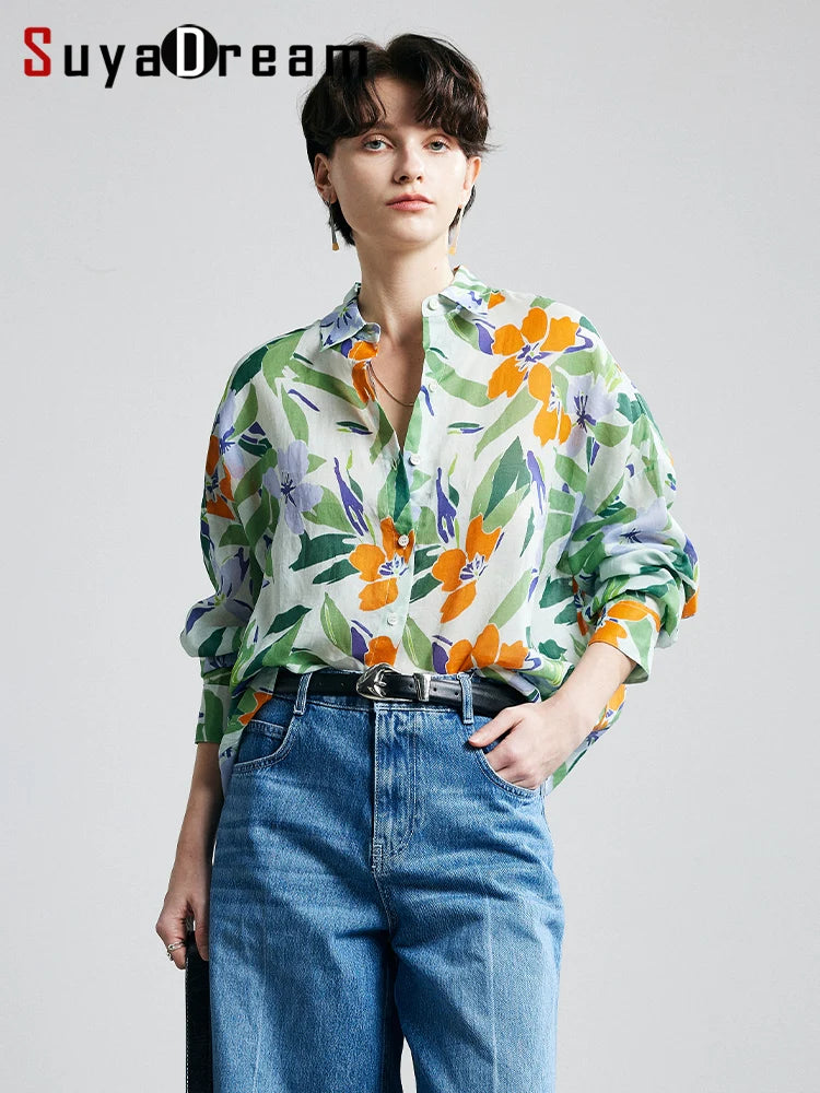 SuyaDream,Woman Printed Shirts, 100%Ramie, Turn Down Collar, Chic Blouses, 2025 Spring Summer Casual Top, Blue, Green, Yellow