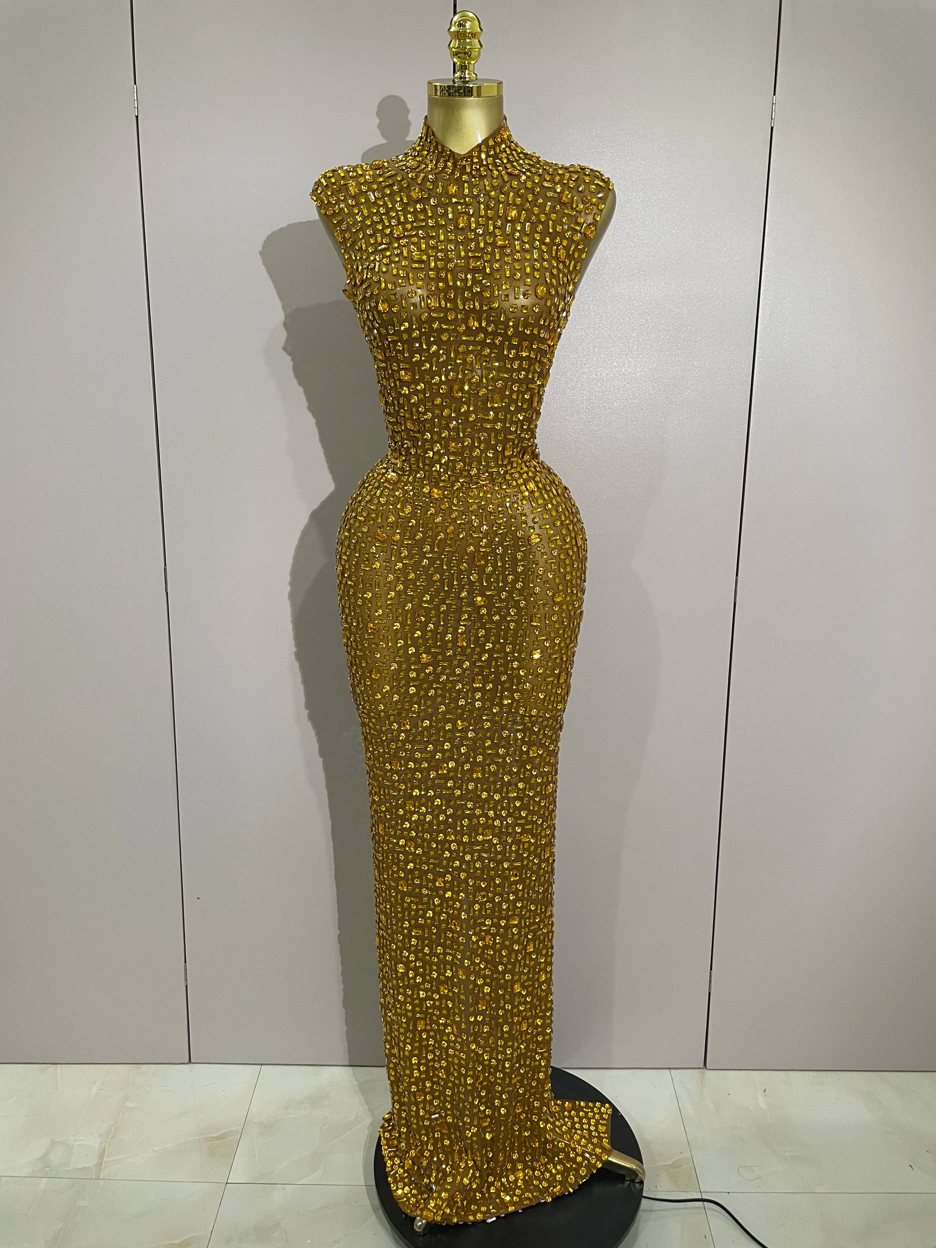 Luxury Sparkly Diamonds Red Sexy Mesh See Through Long Dress Women Eveing Celebrate Birthday Dress Wedding Singer Stage Costume