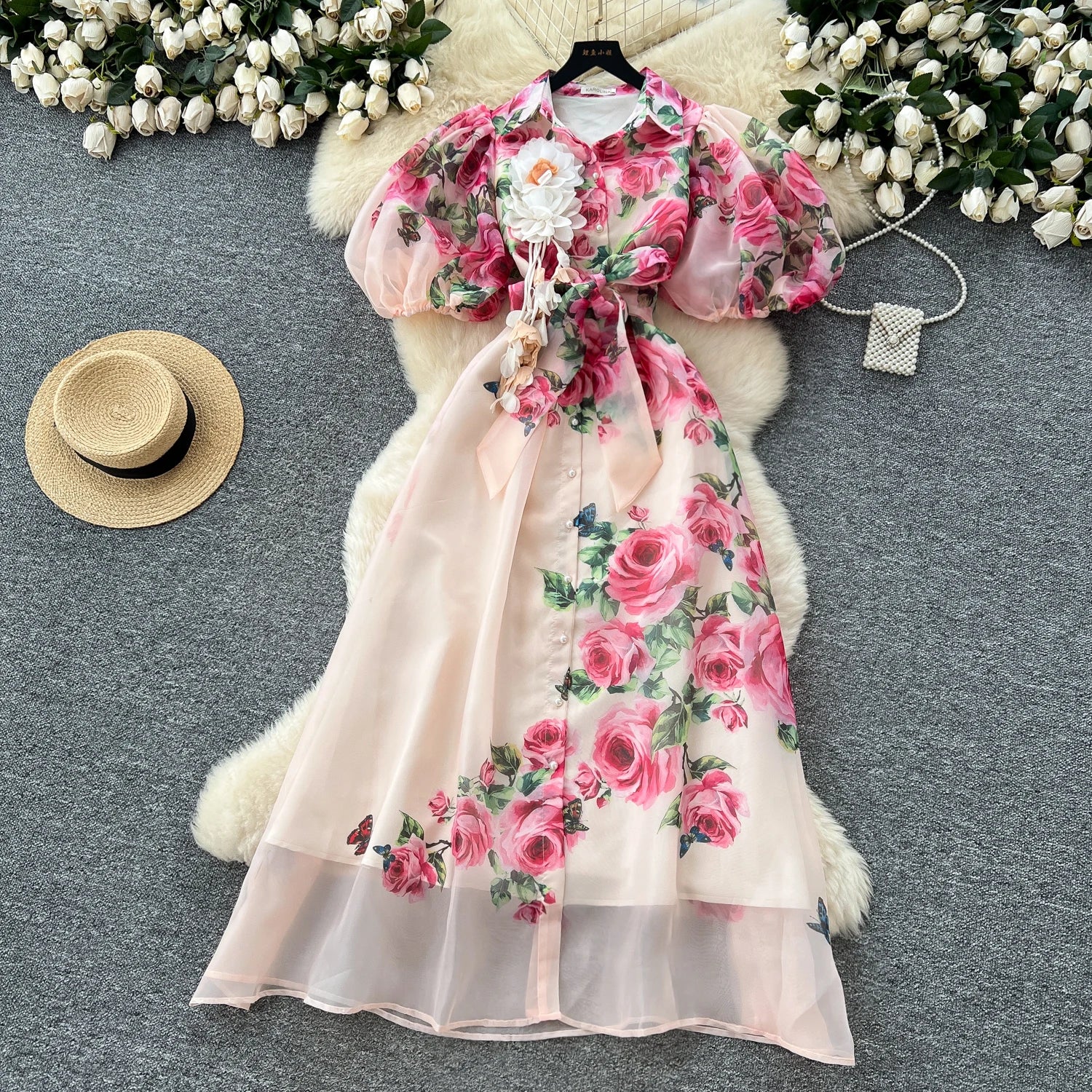 Chic vintage Sexy print mesh Spliced Fairy Summer  Women Boho Sundress women clothing Long dress