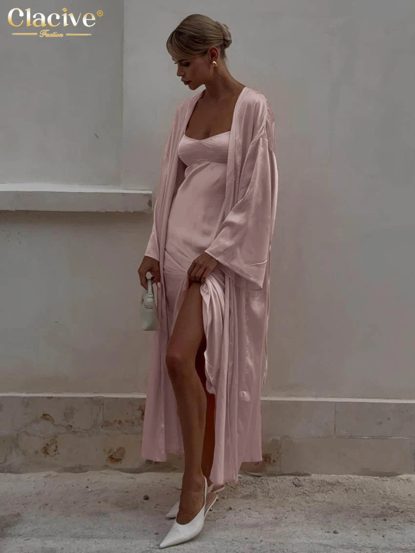 Clacive Sexy Loose Pink Satin Women's Two Pieces Set 2025 Fashion Long Sleeve Robes With Sleeveless Slit Long Dress Set Female