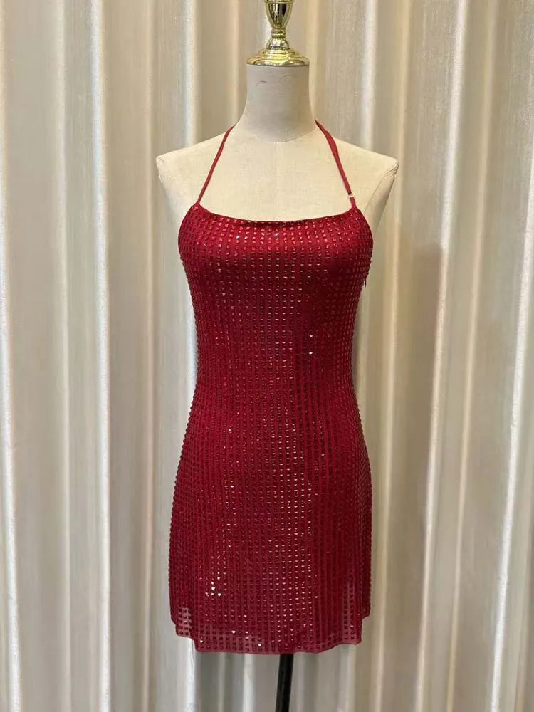 Sexy Club Rhinestone dress bodycon Women's 2025 Summer Luxury Sleeveless Backless Mini dresses Slim Mesh vestidos INKEO 5D028