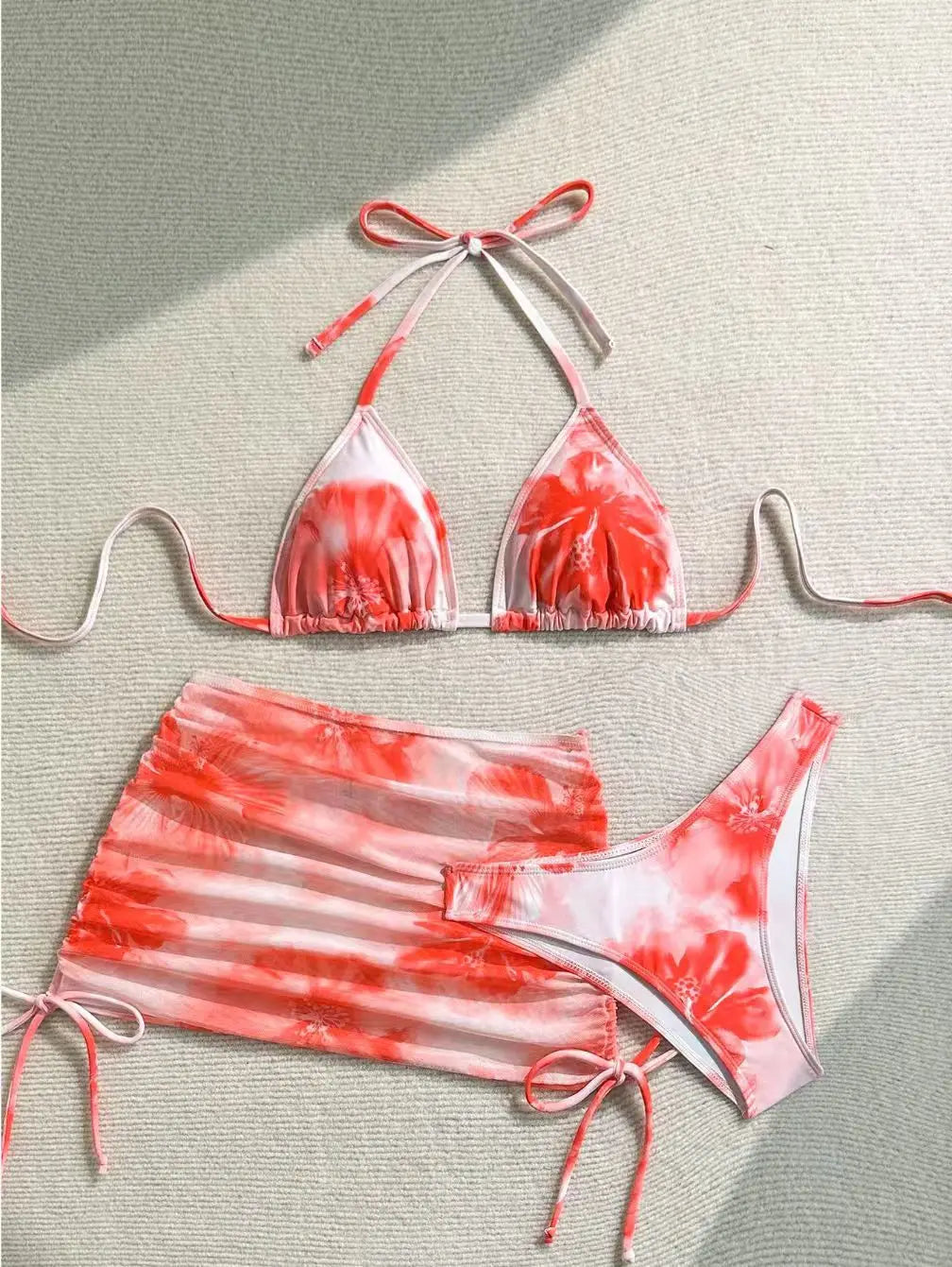 Sexy 3 Piece Bikini Set Women Printed Split Swimsuit Neck Strap Bathing Suit with Cover Up Skirt Swimwear Biquine Brasileiro