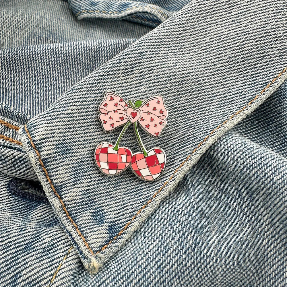 Plaid Cherry Bow Enamel Brooch