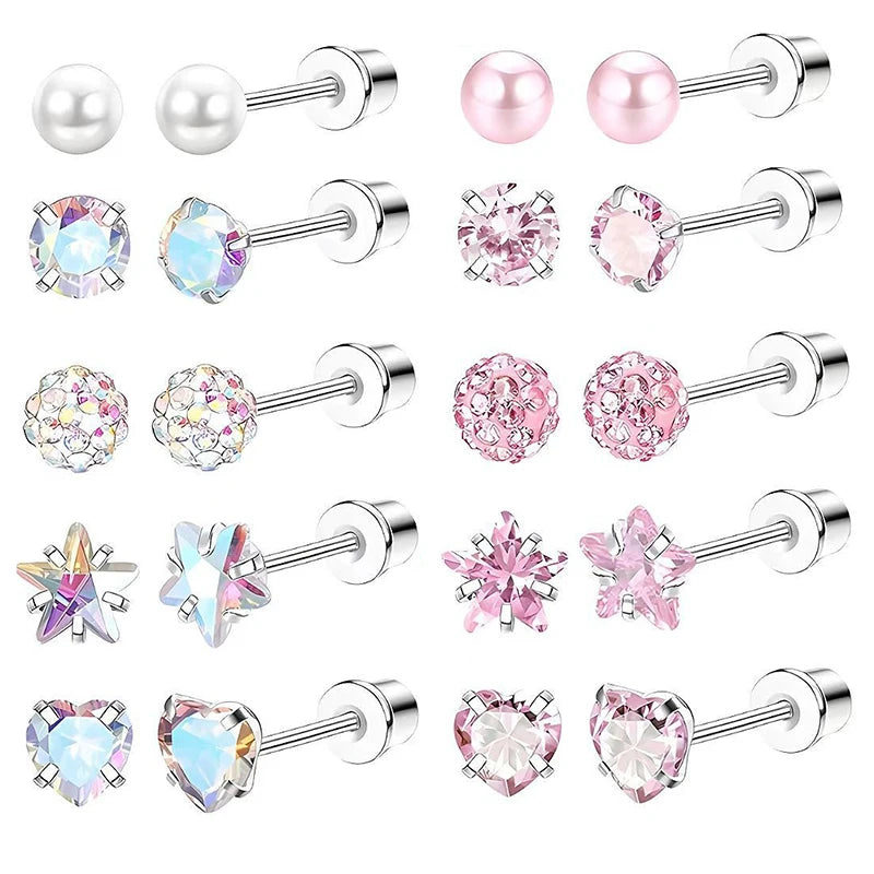 5-Pair Pink Heart & Star Stud Earring Set