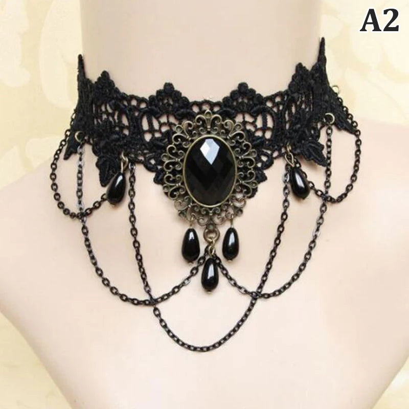 Black Lace Crystal Victorian Choker Necklace