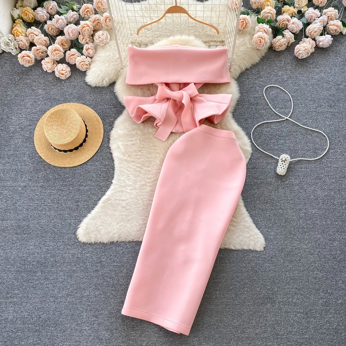 Women's One-Shoulder Belted Top & Pleated Skirt Set