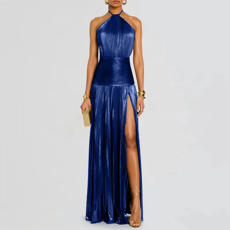 Gold Sexy Halter High Split Gowns Evening Dress Woman Chic Solid Hollow Pleated Long Dress Spring Summer Backless Zip Maxi Dress