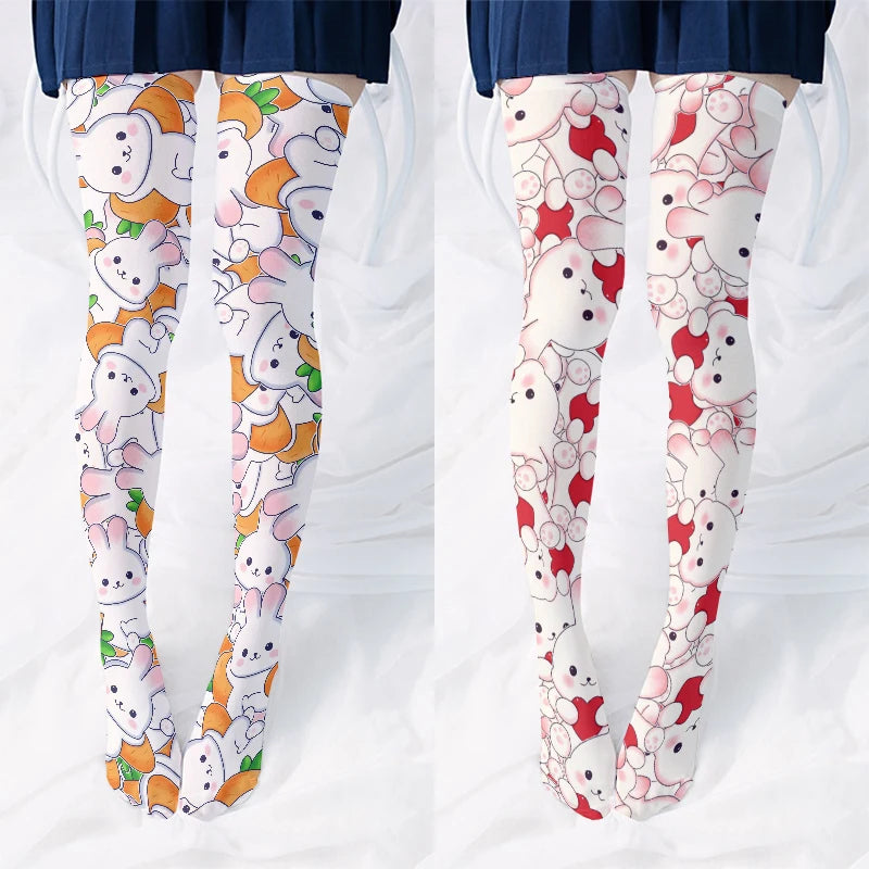 Japanese anime stockings new design cartoon rabbit print pink white over-the-knee socks cute sweet girl Lolita Harajuku stocking