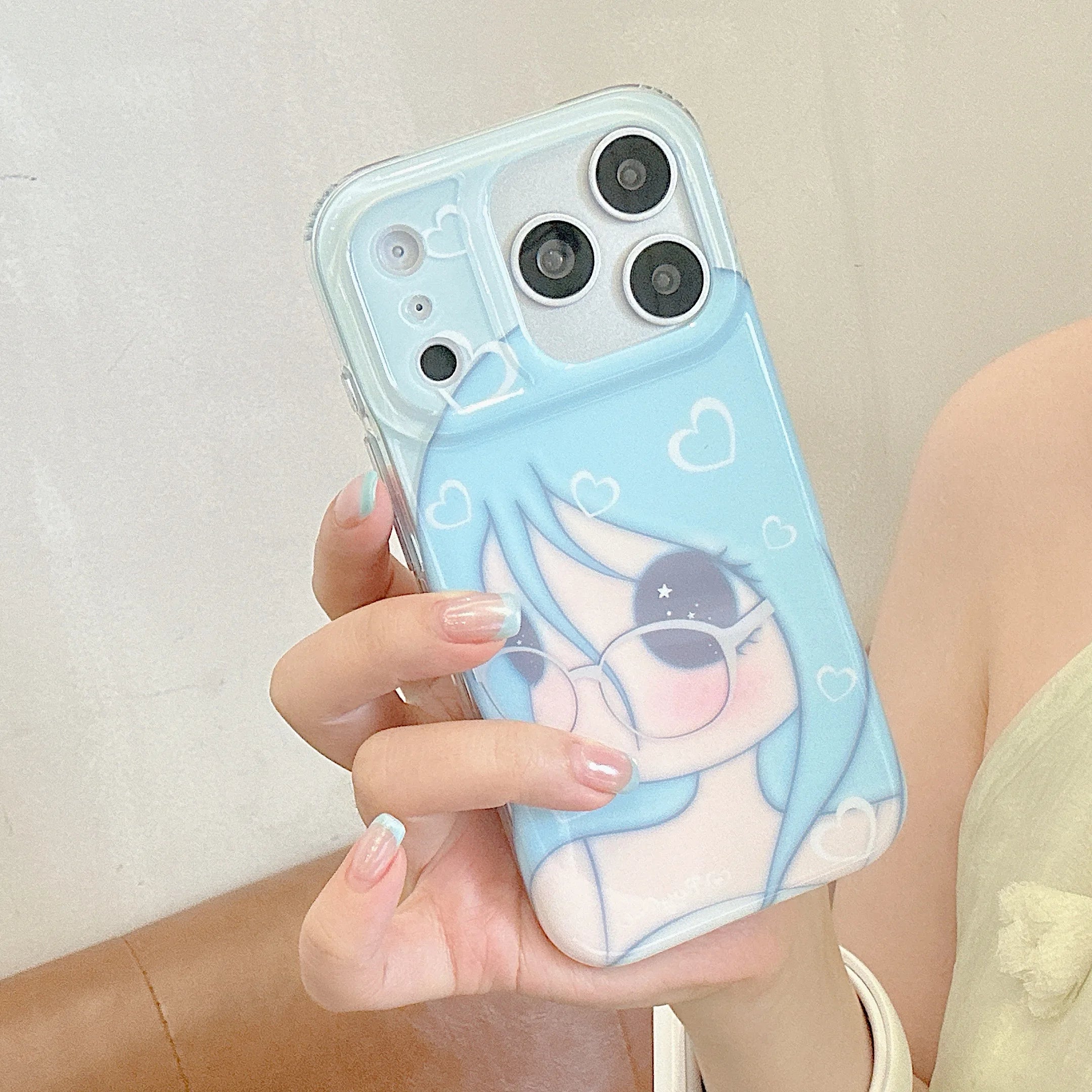 Kawaii Blue Hair Anime Girl Phone Case for IPhone17 16 15 Pro ProMax Cartoon Character with Glasses Soft Gift for Girls