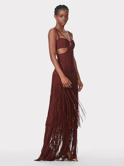 2026 Summer Sexy Tassel Bandage Dresses Women's Spaghetti Sleeveless Hollow Bodycon Long Dress Celebrity Evening Party Vesidos