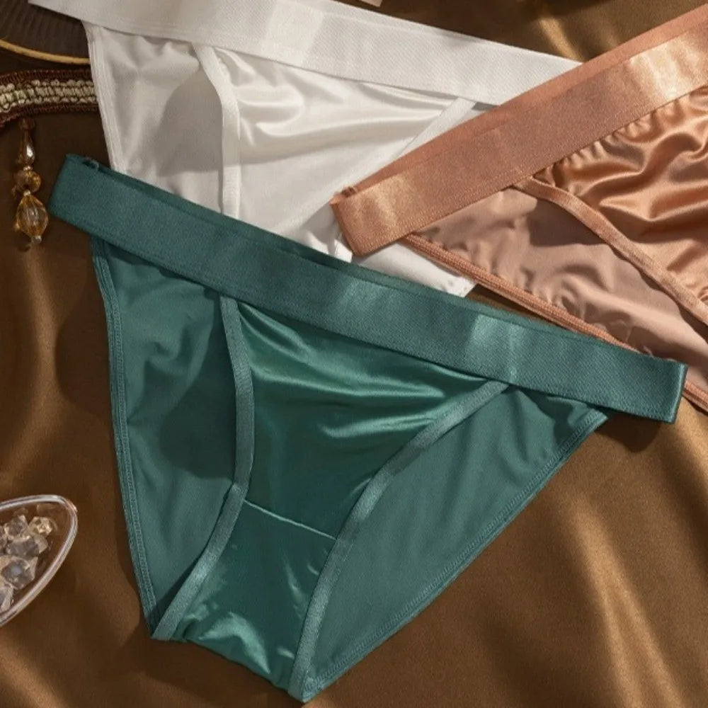 Lingerie Low Waist Satin Silk Briefs Solid Color Seamless Ice Silk Panties Cotton Crotch Underpants Women's Underwear Lady