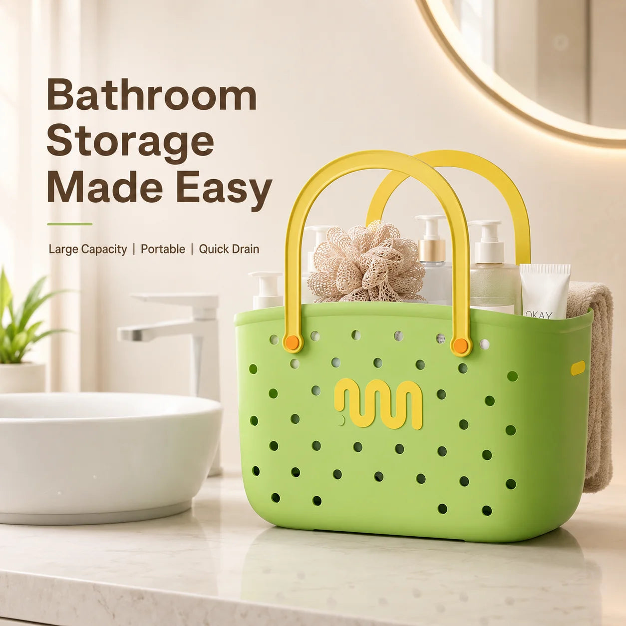 Bathroom Shower Caddy Storage Basket with Handle Large Capacity Drainage Organizer Plastic Bath Tote for Shampoo Cosmetics Home