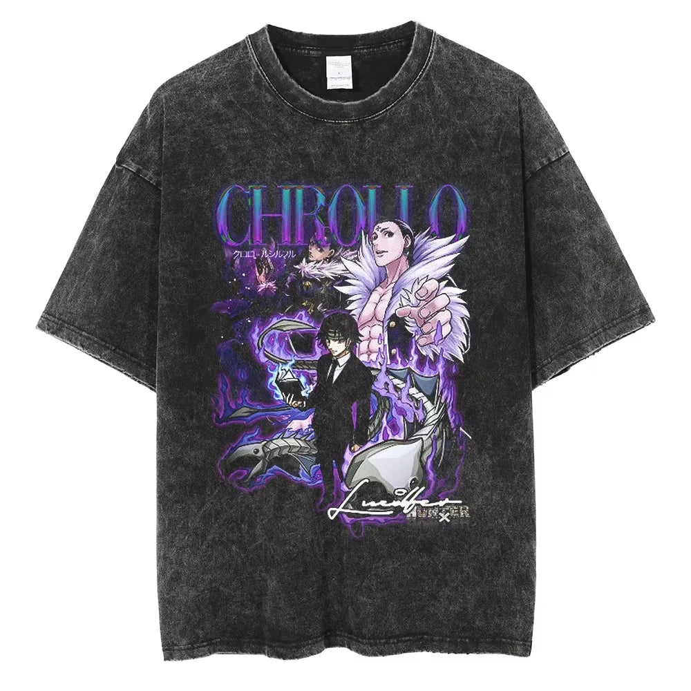 HUNTER×HUNTER T Shirt Kurapika Manga Tshirt Men Women Hip Hop Washed Cotton T-shirt Clothing Summer Short Sleeve Tees Streetwear