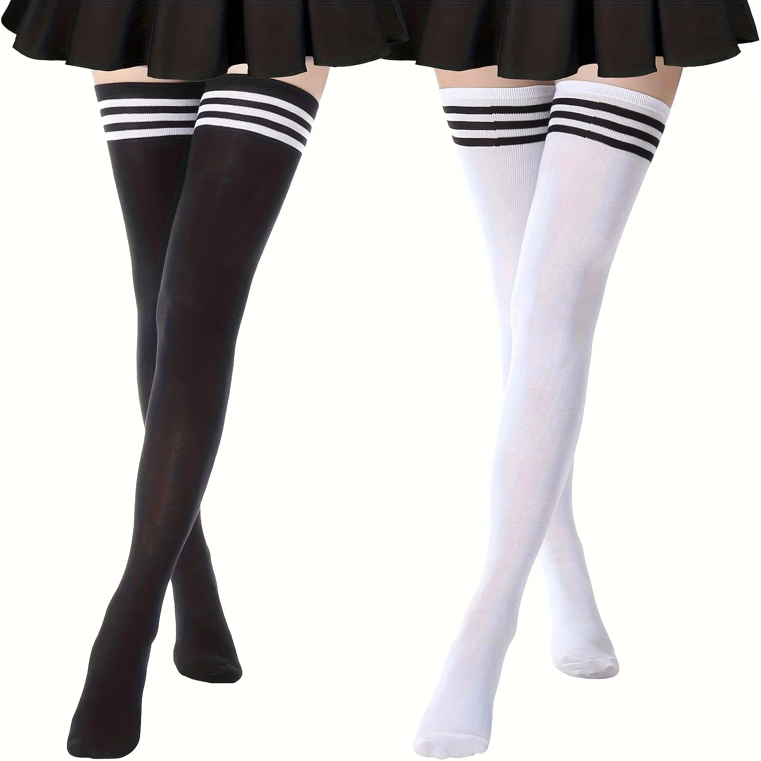 1Pair Women's Thigh High Socks For Autumn/winter Season Solid Color Three Bar Long Tube Socks