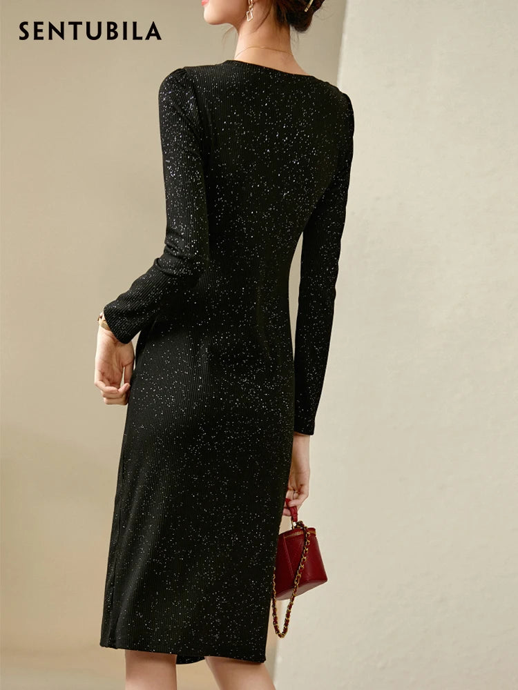 SENTUBILA Black Sequin Bodycon Dress for Women 2026 Autumn Elegant Lady Sexy Split Knitted Birthday Dress Luxury 143L56650X