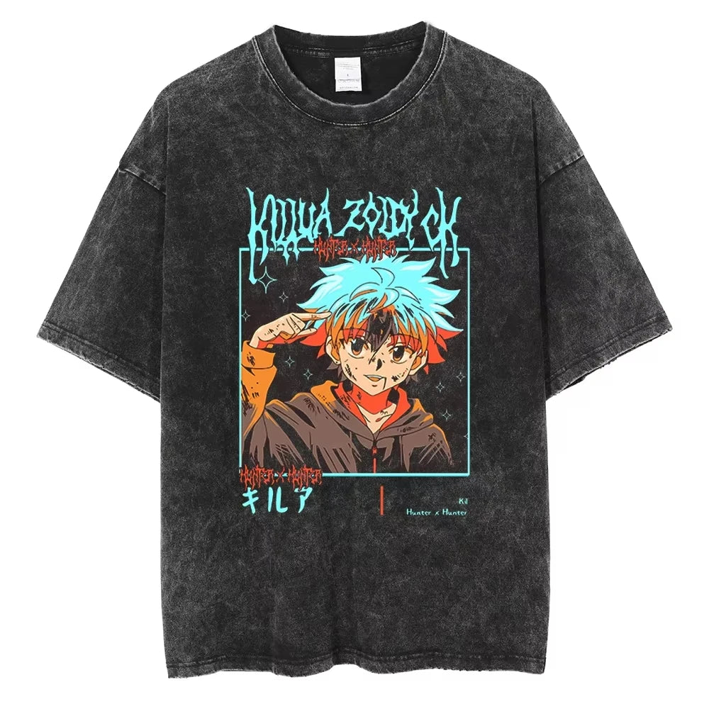 HUNTER×HUNTER T Shirt Kurapika Manga Tshirt Men Women Hip Hop Washed Cotton T-shirt Clothing Summer Short Sleeve Tees Streetwear