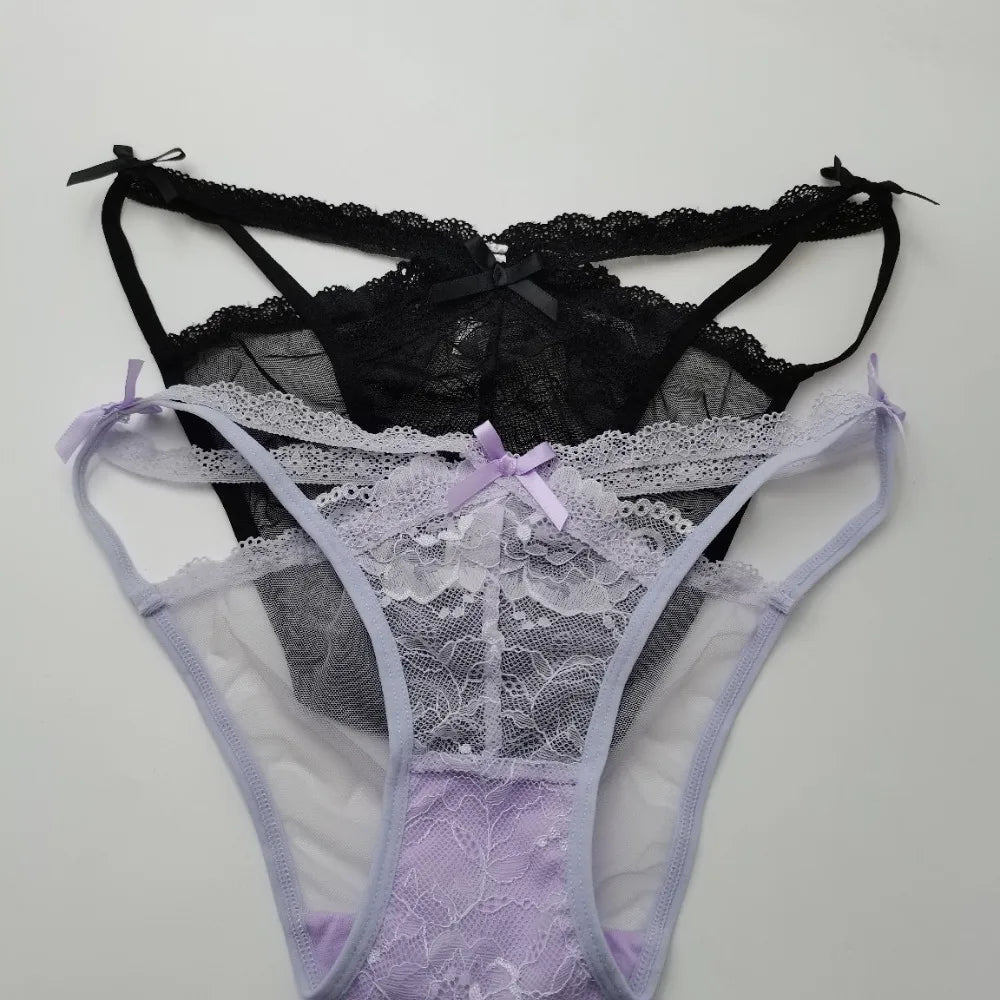 Lingerie Bow Lace Flower Panties Seamless Mid Waist French Style Briefs Hollow Transparent Lace Mesh Briefs Lady