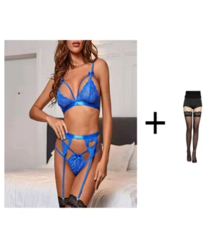 Women's Lace Bra, Panty & Garter Lingerie Set