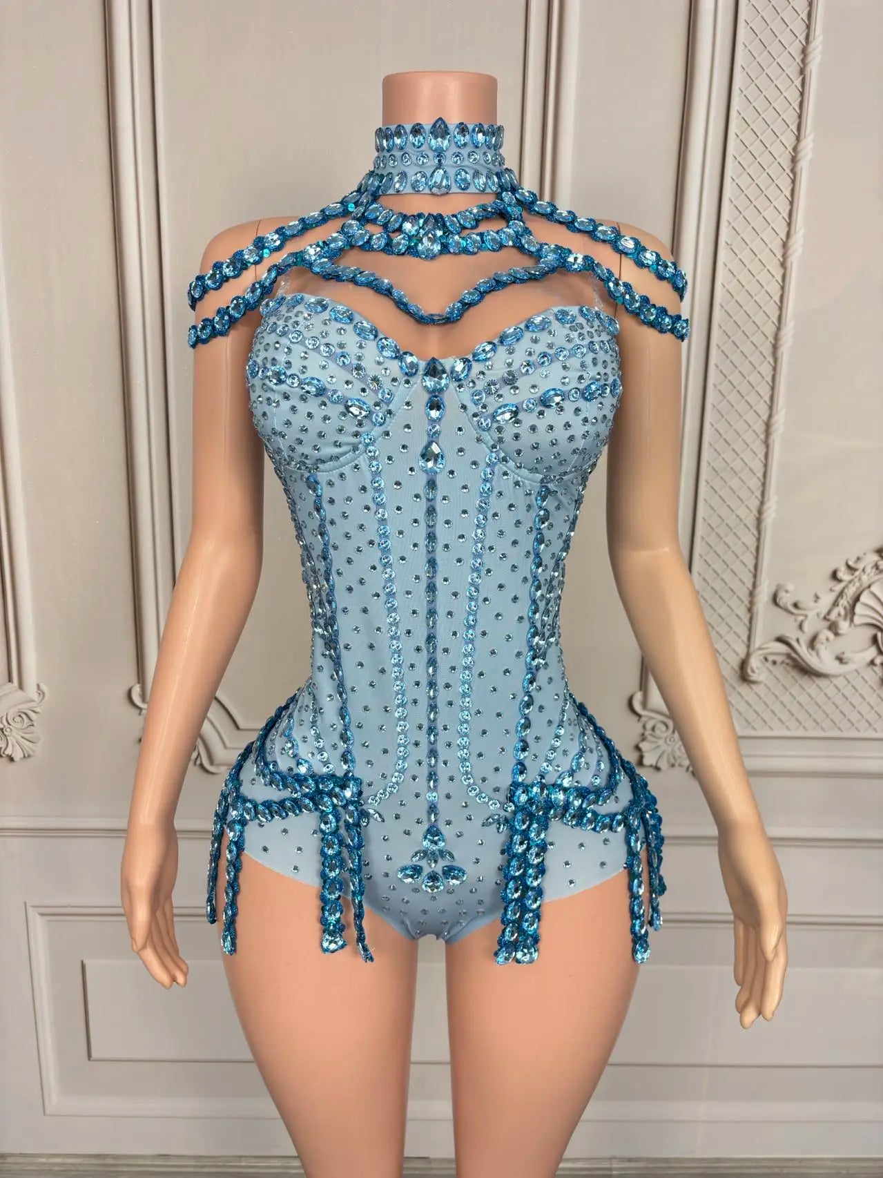 Sparkly Rhinestones Blue Sexy Elastic Bodysuit Women Dance Costume Nightclub Party Outfit Singer Stage  Performance Wear Tianlan