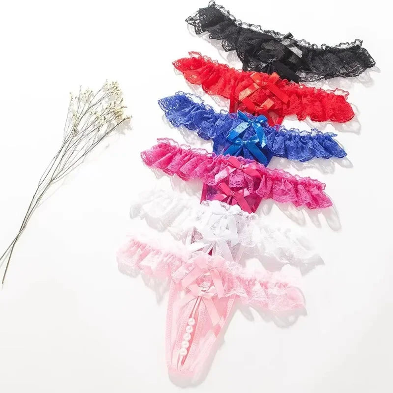 Sexy Panties for Hot Sex Women's Massage Bead Bow Chain Thong Soft Lace Crothless Lingerie Tie Low Waist Hollow G-string Thongs