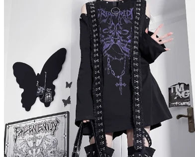 New Off-the-shoulder Subculture Cotton Tee Japanese Punk Gothic Print Dark Loose T-shirt Short/Long Sleeves Y2K Girls Cool Tops