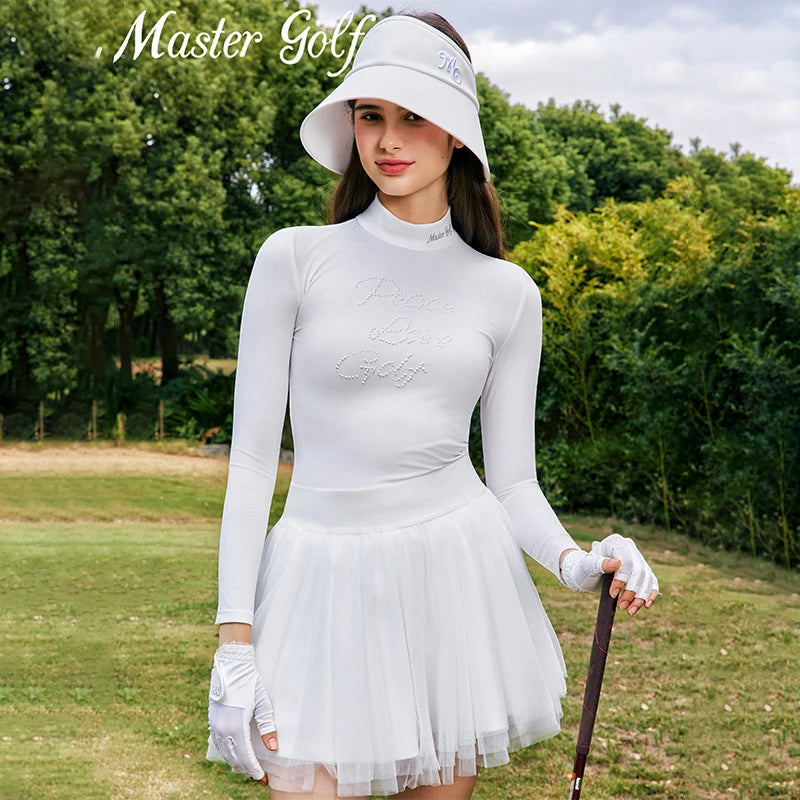 MG Autumn Golf Elastic Shirt Women Long Sleeve Slim T-shirt White Short Skirt Ladies Ruffle Pleated Tutu Skirts with Inner Short