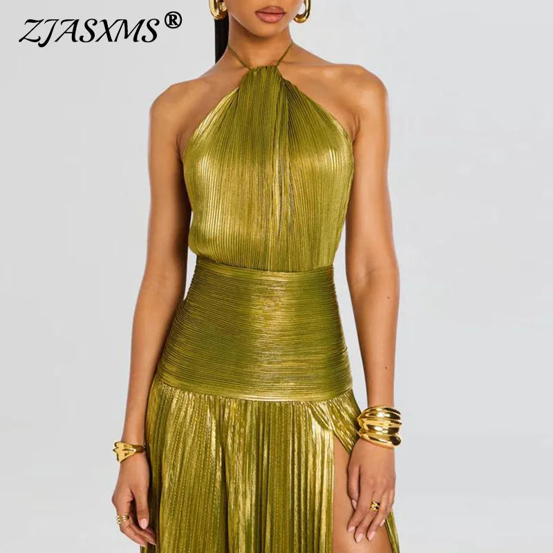 Gold Sexy Halter High Split Gowns Evening Dress Woman Chic Solid Hollow Pleated Long Dress Spring Summer Backless Zip Maxi Dress