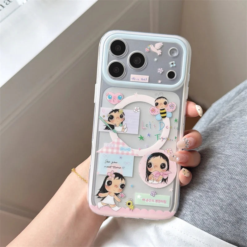 Cartoon Girl MagSafe iPhone Case with Flower Stand