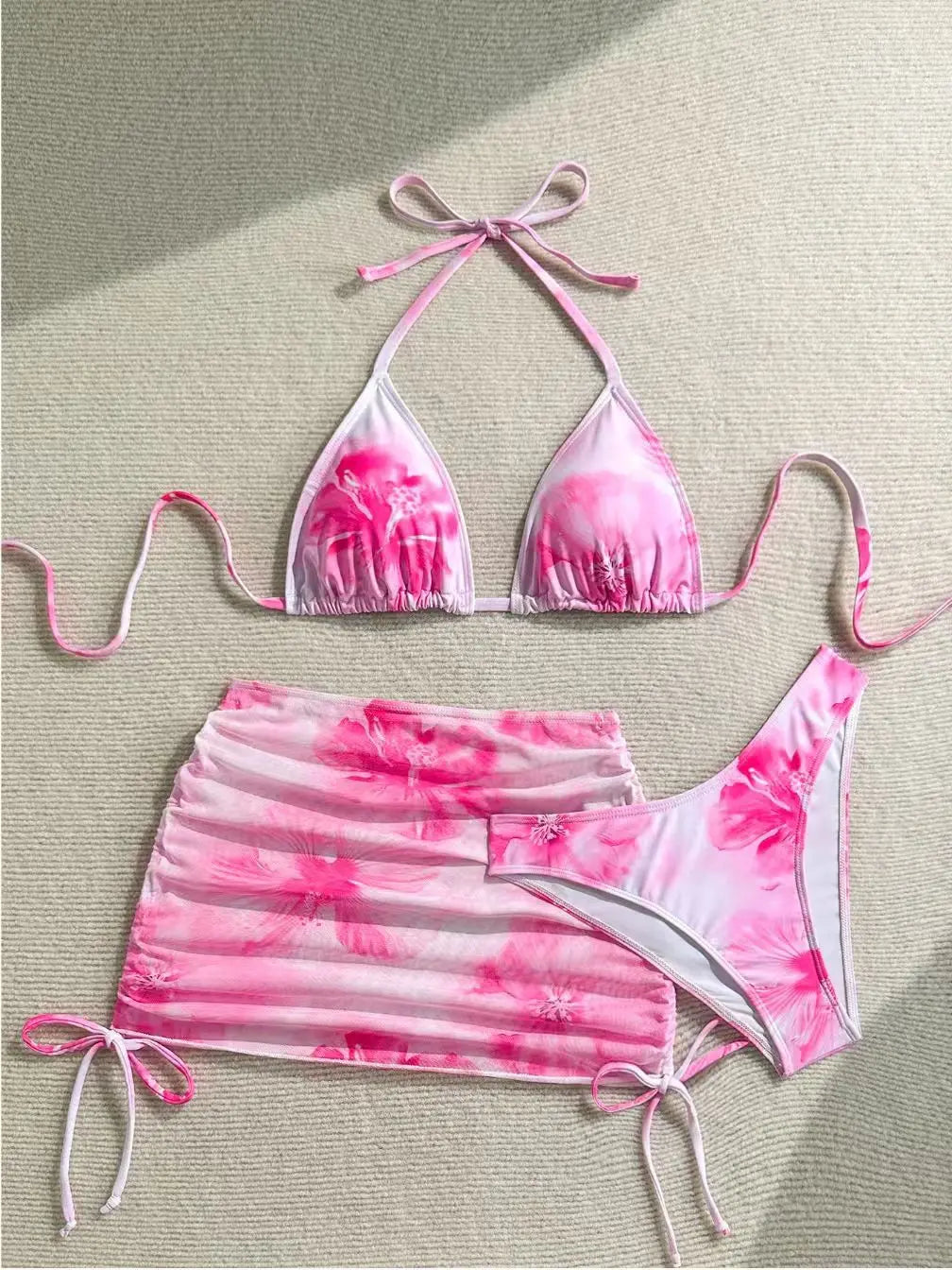 Sexy 3 Piece Bikini Set Women Printed Split Swimsuit Neck Strap Bathing Suit with Cover Up Skirt Swimwear Biquine Brasileiro