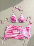 Sexy 3 Piece Bikini Set Women Printed Split Swimsuit Neck Strap Bathing Suit with Cover Up Skirt Swimwear Biquine Brasileiro