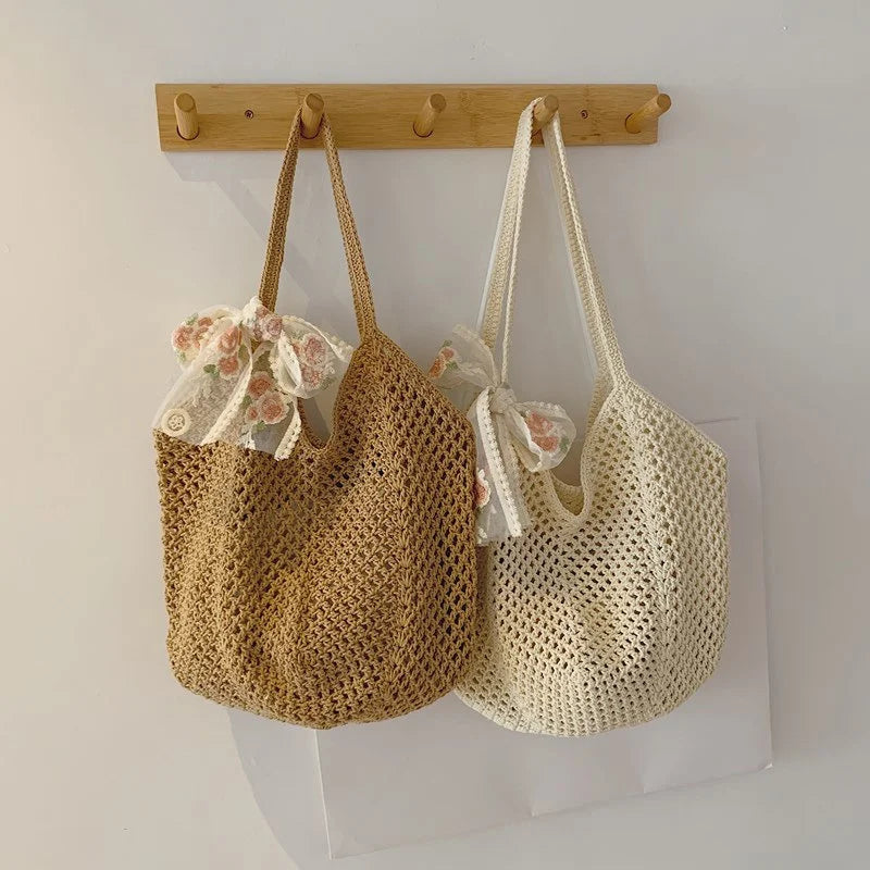 Woven Lace Bow Raffia Tote Bag