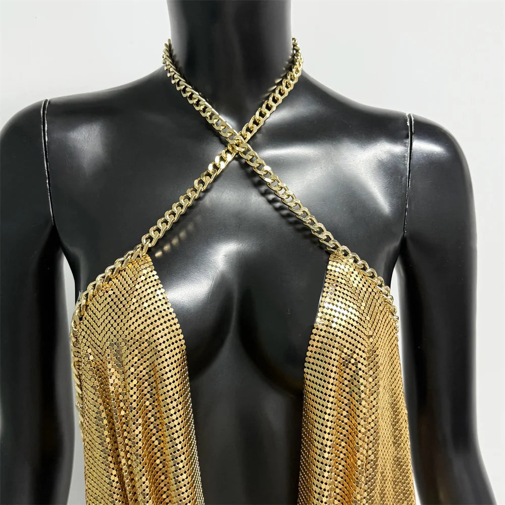 Sexy Silver Metal Sequin Halter Dress for Women Nightclub Party Sparkly Bodycon Mini Dress Fashion Summer Clubwear Hot Sale New