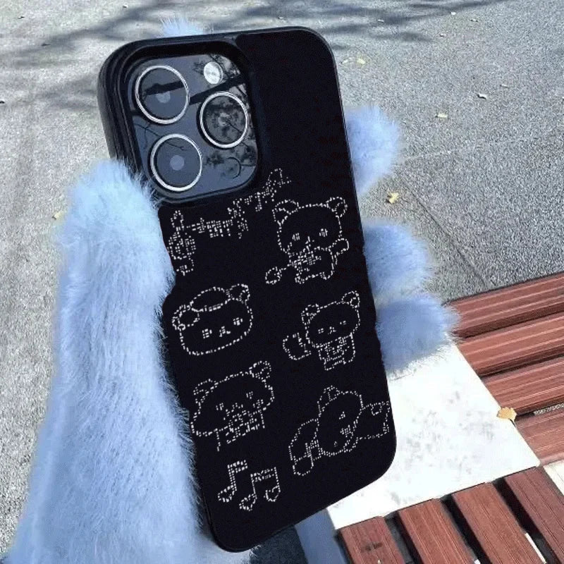 Kawaii Line Bear Black Silicone Phone Case For iPhone 17 16 15 14 13 12 11 Pro Max 7 8 Plus 16e 17Air Shockproof Soft Cover