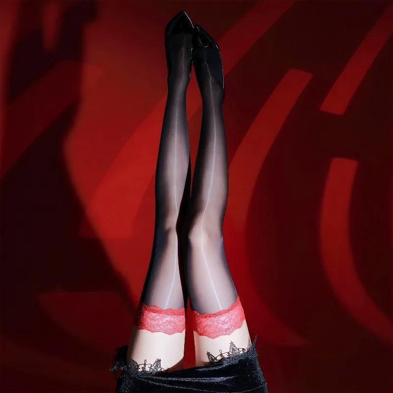 Women's Lace Top Thigh High Stockings, Shiny Sheer Silky Hold Up Hosiery for Party Date Night Club Wear Thigh High Stockings